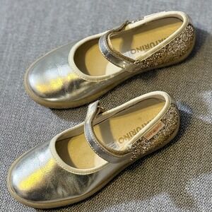 Naturino Kids Gold Metallic Glitter Mary Jane Flats Shoes Size EU 27